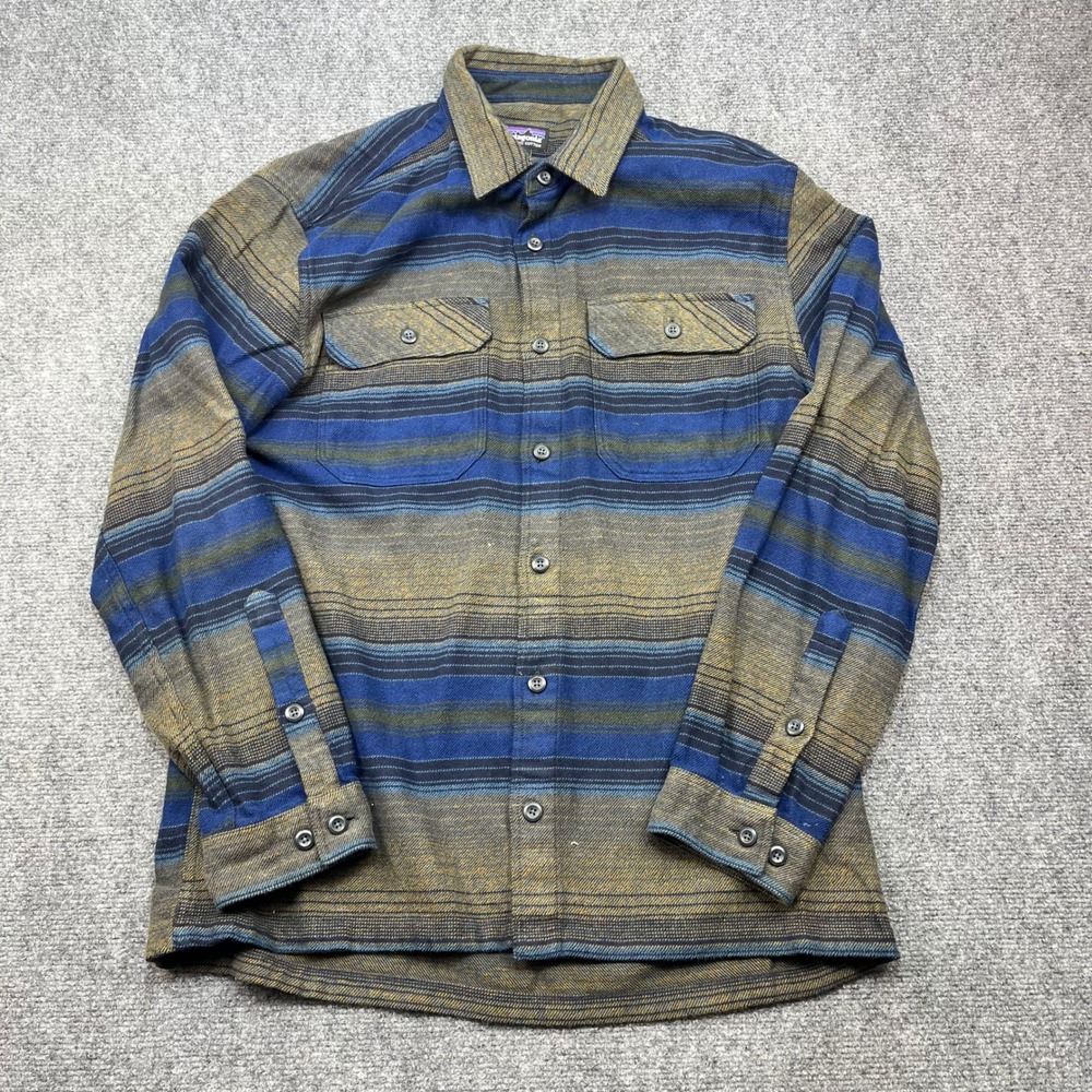 Patagonia Fjord Flannel Shirt Men Medium Blue Green Striped Organic Cotton Aztec